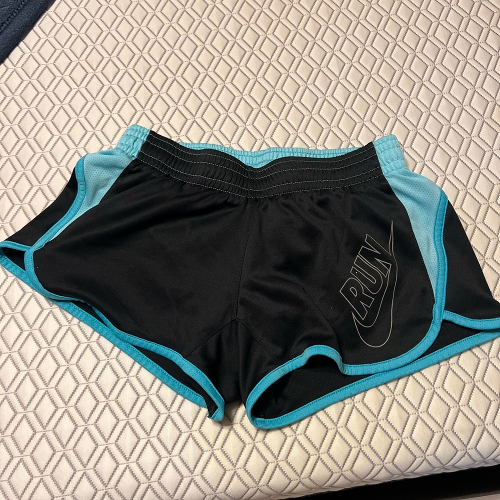 Nike Black and Blue Athletic Shorts with Curved Hem